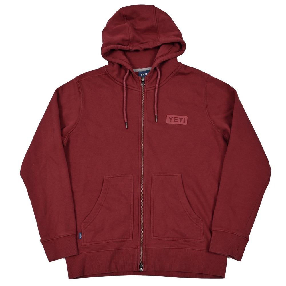 YETI Hoodie Men's Medium Full Zip Gray Sweatshirt Red Spellout Logo Side Pockets